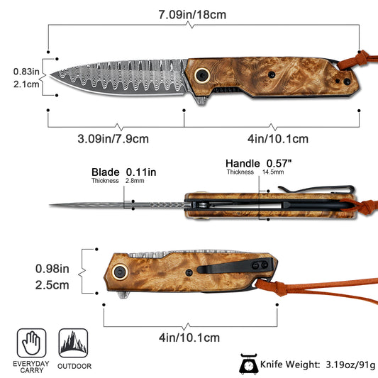 handmade Japan Damascus steel pocket knife,VG10 blade men and women Folding knife,With holster,Lining lock,Maple handle,Suitable for EDC outdoor camping,go fishing hunting