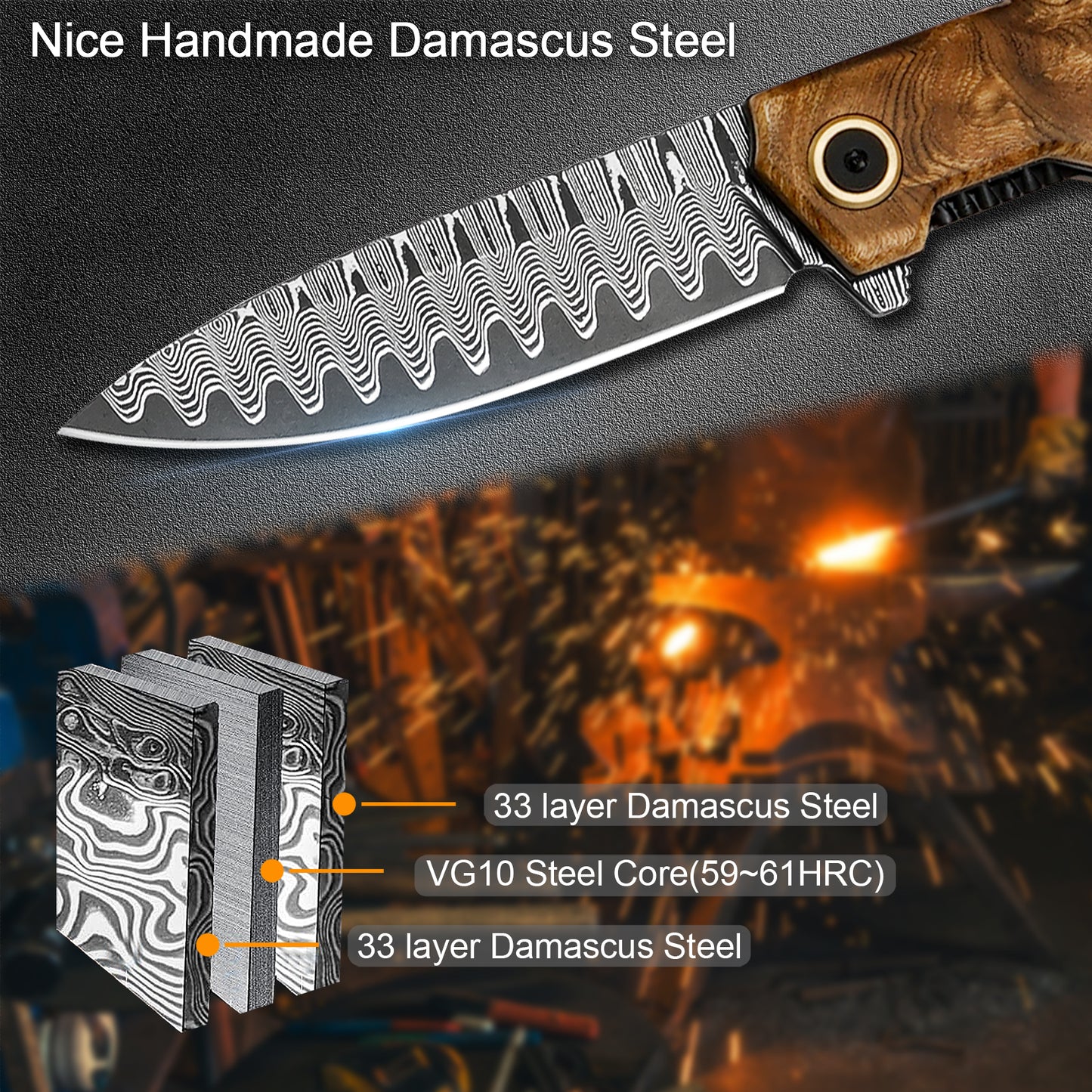 handmade Japan Damascus steel pocket knife,VG10 blade men and women Folding knife,With holster,Lining lock,Maple handle,Suitable for EDC outdoor camping,go fishing hunting