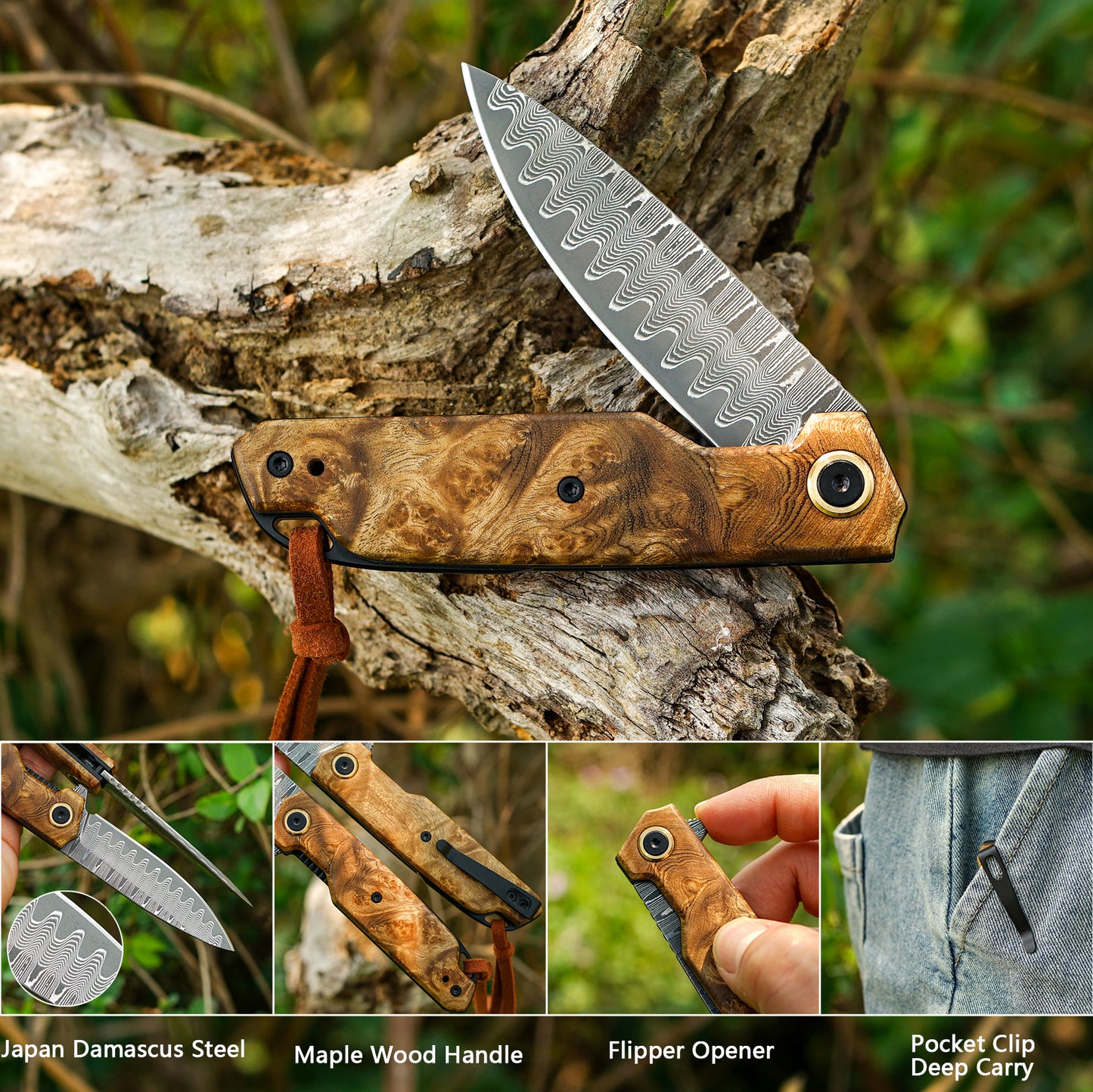 handmade Japan Damascus steel pocket knife,VG10 blade men and women Folding knife,With holster,Lining lock,Maple handle,Suitable for EDC outdoor camping,go fishing hunting