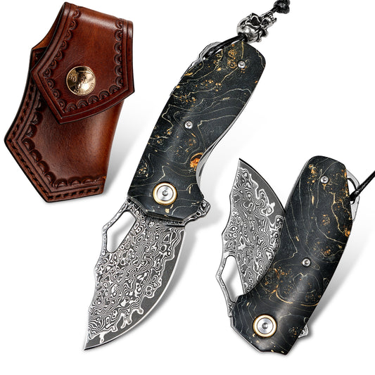 VNLA Handmade Damascus Steel Pocket folding Knife.2.45in High Sharp Blades folding knife,Stabilized cured wood handles.With Cowhide Sheath.Men's EDC Knife for Outdoor Adventure.Travel Hiking Camping Knife.