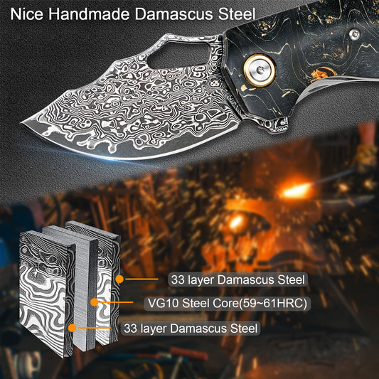 VNLA Handmade Damascus Steel Pocket folding Knife.2.45in High Sharp Blades folding knife,Stabilized cured wood handles.With Cowhide Sheath.Men's EDC Knife for Outdoor Adventure.Travel Hiking Camping Knife.