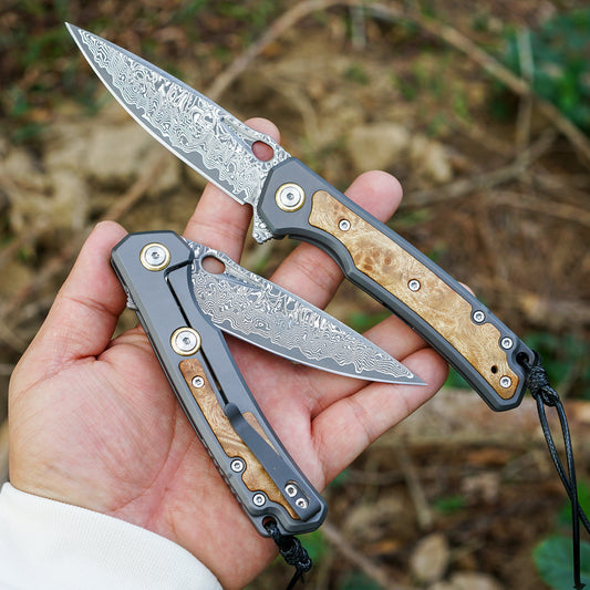 VNLA handmade Japan Damascus steel pocket knife,3.39in VG10 blade men and women Folding knife,With holster,Frame lock,Maple handle,Reversible Pocket Clip,Suitable for EDC outdoor camping
