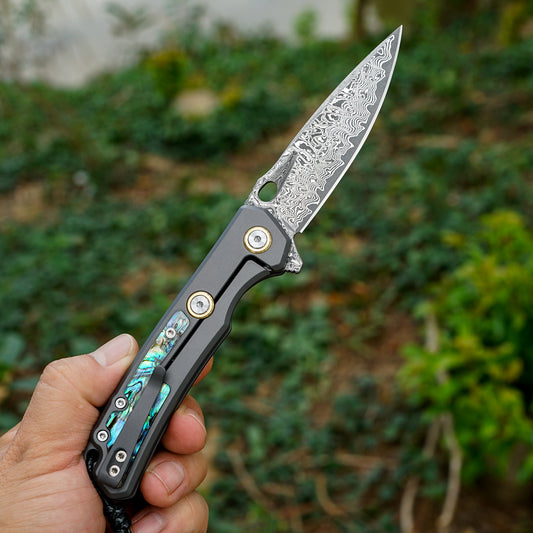 VNLA handmade Japan Damascus steel pocket knife,3.39in VG10 blade men and women Folding knife,With holster,Frame lock,Maple handle,Reversible Pocket Clip,Suitable for EDC outdoor camping
