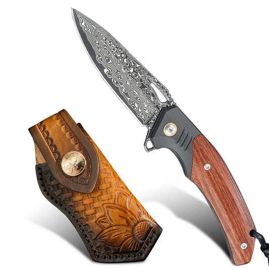 handmade Japan Damascus steel pocket knife, VG10 blade men and women Folding knife,With holster,Lining lock,resin and Maple handle,Suitable for EDC outdoor camping