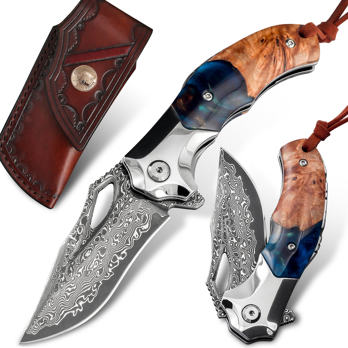 handmade Japan Damascus steel pocket knife,VG10 blade men and women Folding knife,With holster,Lining lock,resin and Maple handle,Suitable for EDC outdoor camping