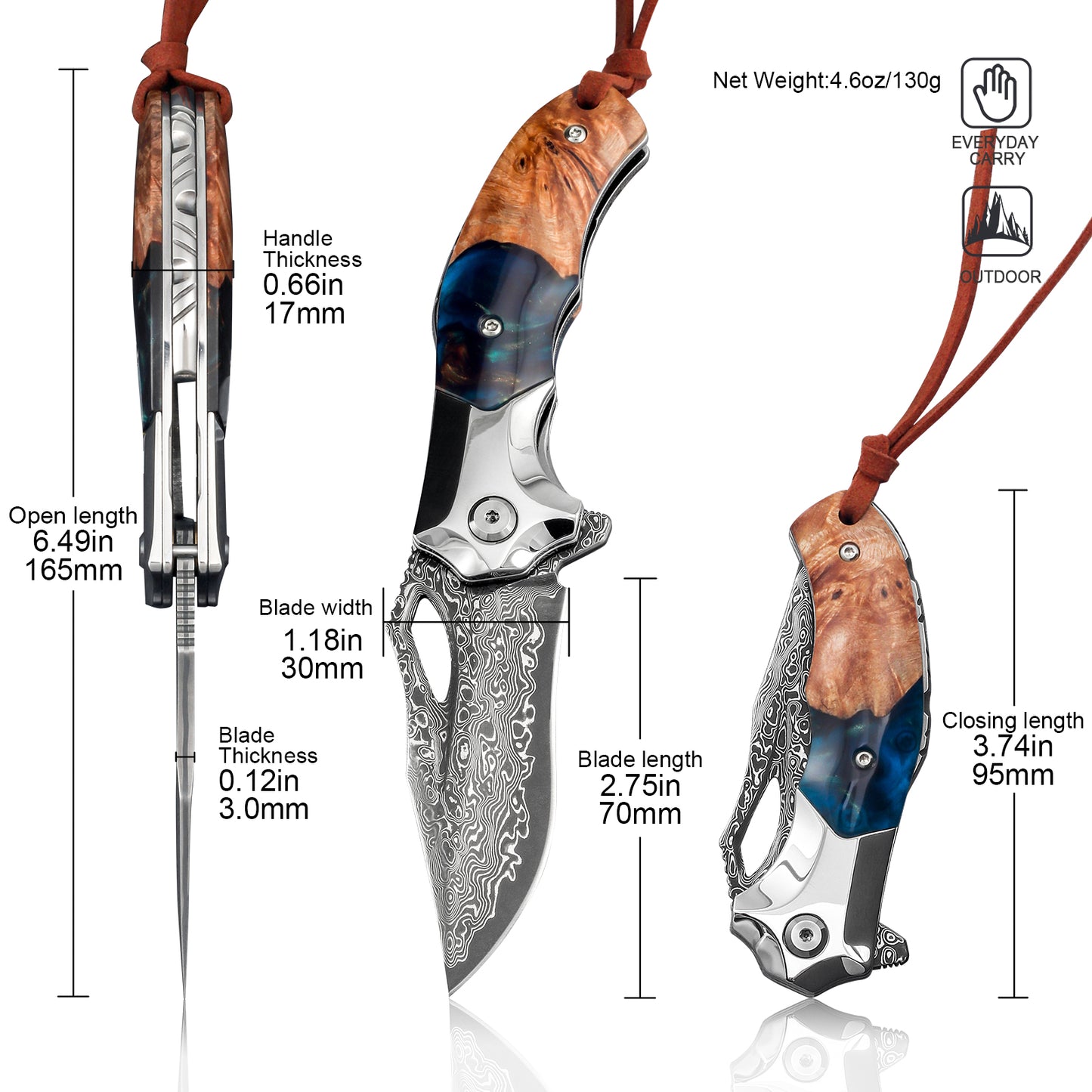 handmade Japan Damascus steel pocket knife,VG10 blade men and women Folding knife,With holster,Lining lock,resin and Maple handle,Suitable for EDC outdoor camping