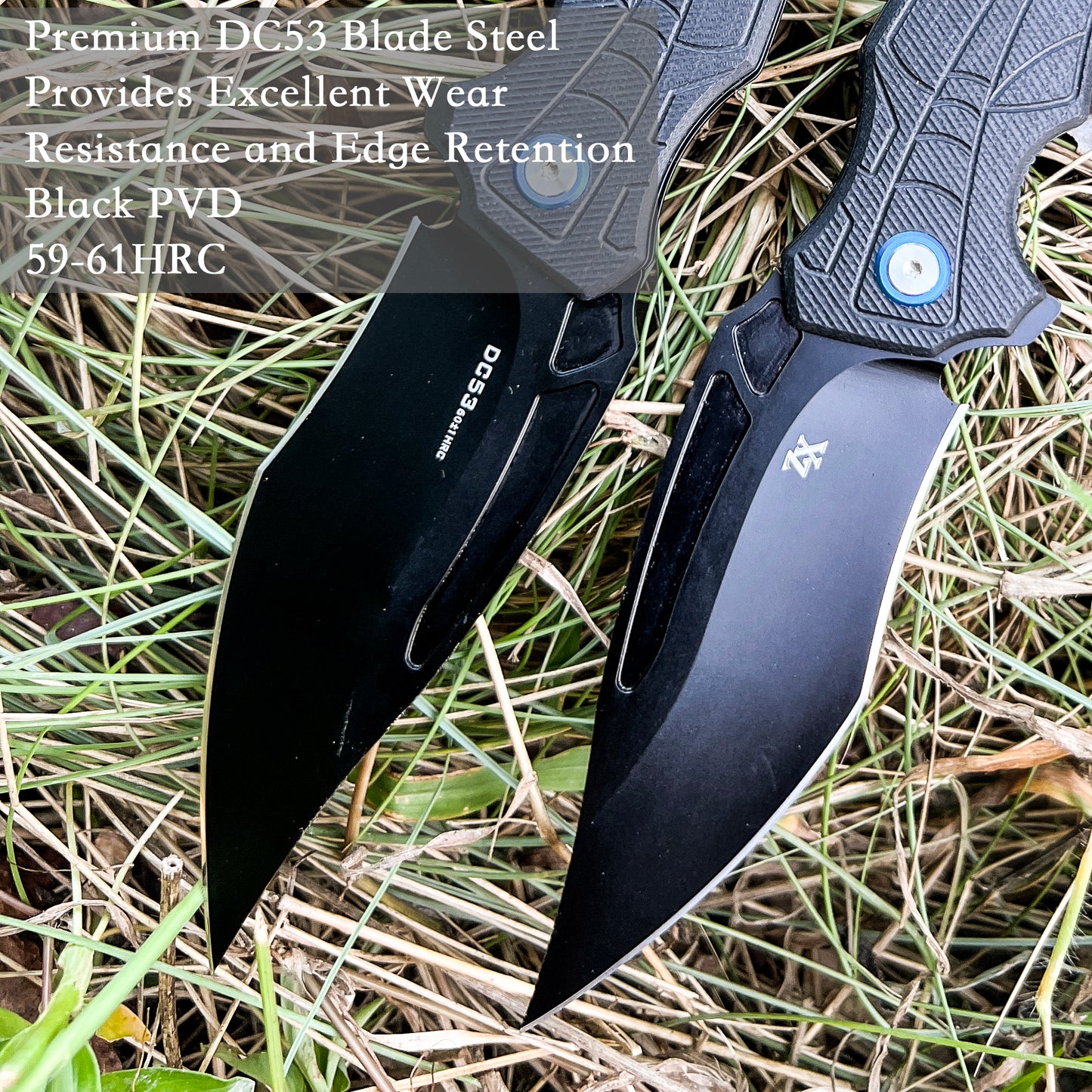 Flipper Pocket Knife With G10 Handle Real Leather Sheath(3.93 in DC53 Steel Black PVD Blade)