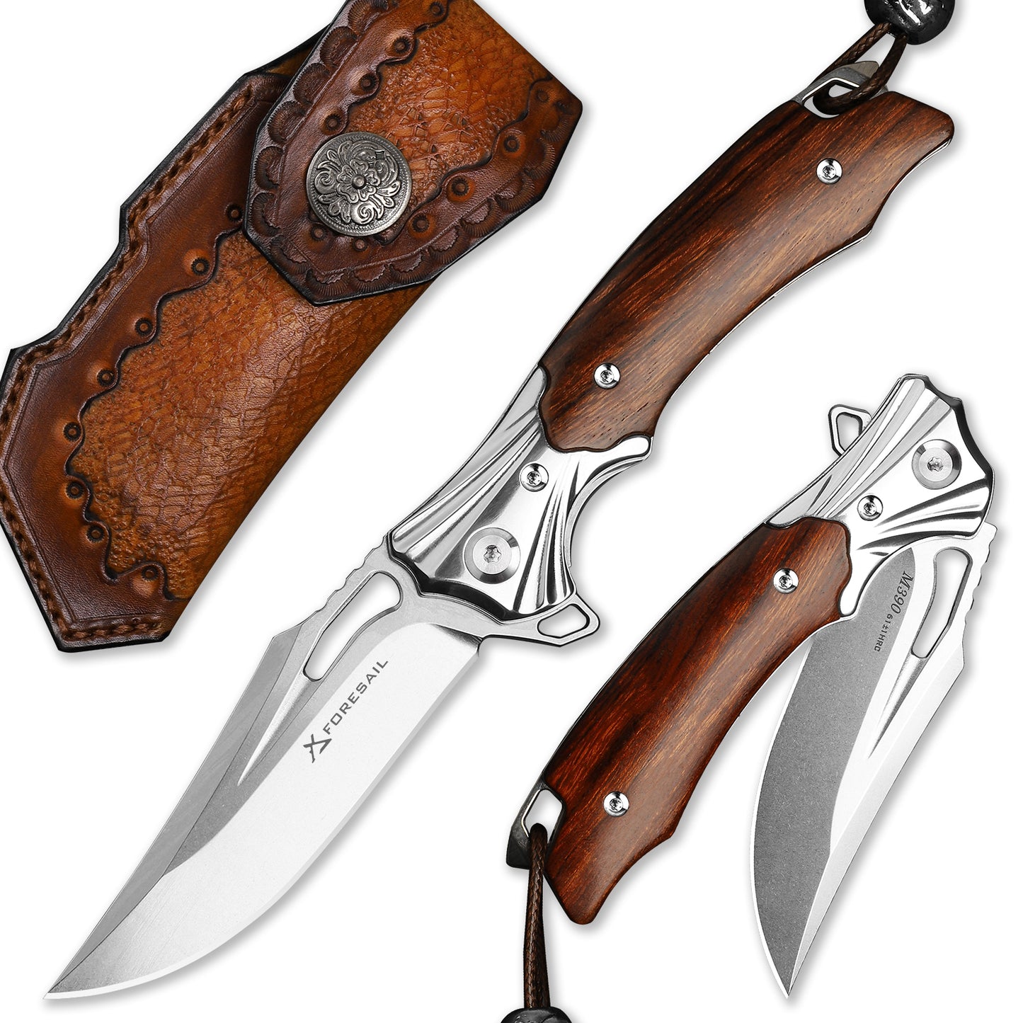 FORESAIL Flipper Pocket Folding Knife,M390 Steel Blade and Wood Handle. With leather case,men's pocket knife hiking trip EDC tool Knife.