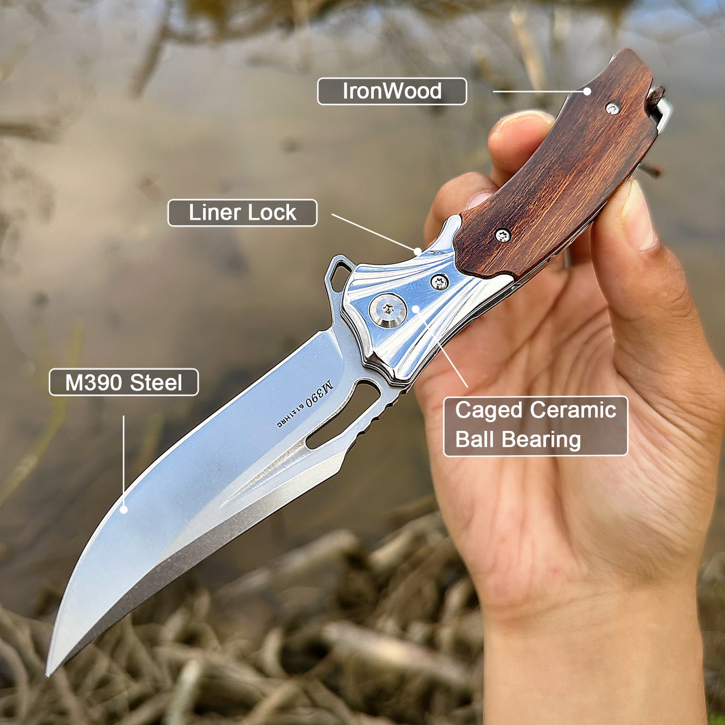 FORESAIL Flipper Pocket Folding Knife,M390 Steel Blade and Wood Handle. With leather case,men's pocket knife hiking trip EDC tool Knife.