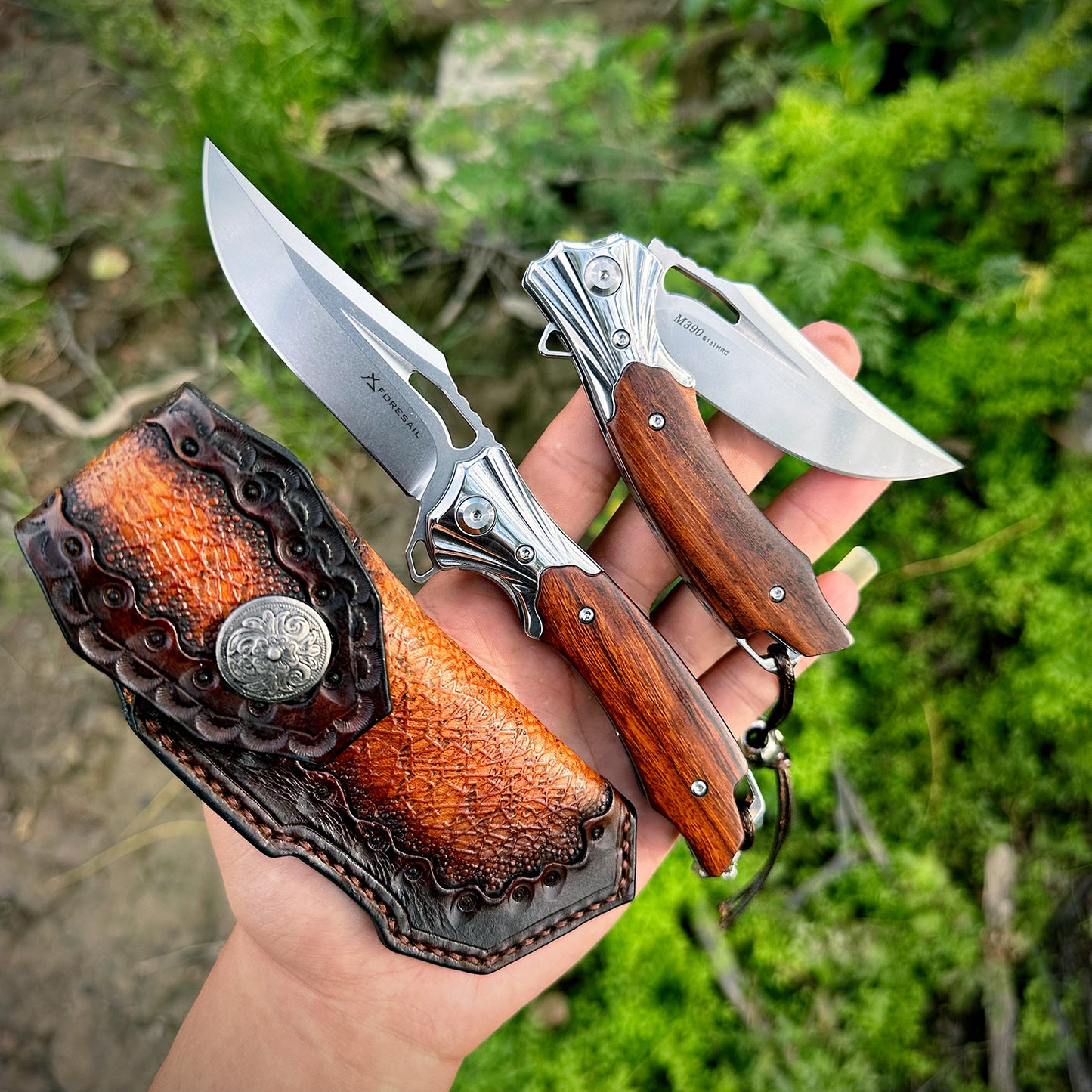 FORESAIL Flipper Pocket Folding Knife,M390 Steel Blade and Wood Handle. With leather case,men's pocket knife hiking trip EDC tool Knife.