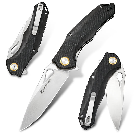 FORESAIL Practical Pocket knife made with 3.62inch14C28N blade and 4.8inch Micarta handle with Reversible Deep-carry Pocket Clip, Flipper. For Outdoor Camping and Gift, EDC Knife