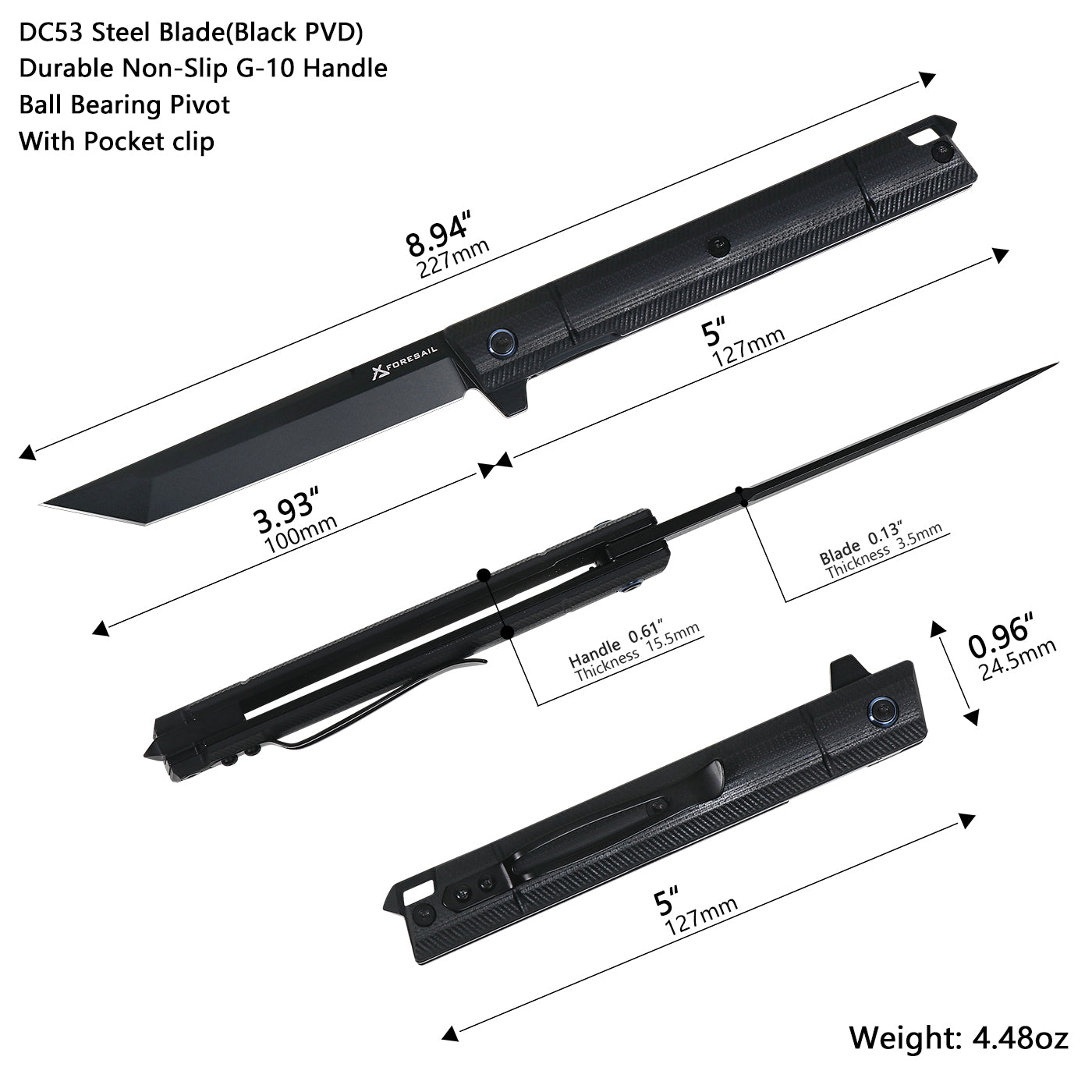 FORESAIL Folding pocket knives PVD DC53 Steel Blade Outdoor Camping EDC knife(Black PVD TantoPoint Blade)