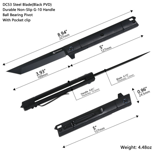 FORESAIL Folding pocket knives PVD DC53 Steel Blade Outdoor Camping EDC knife(Black PVD TantoPoint Blade)