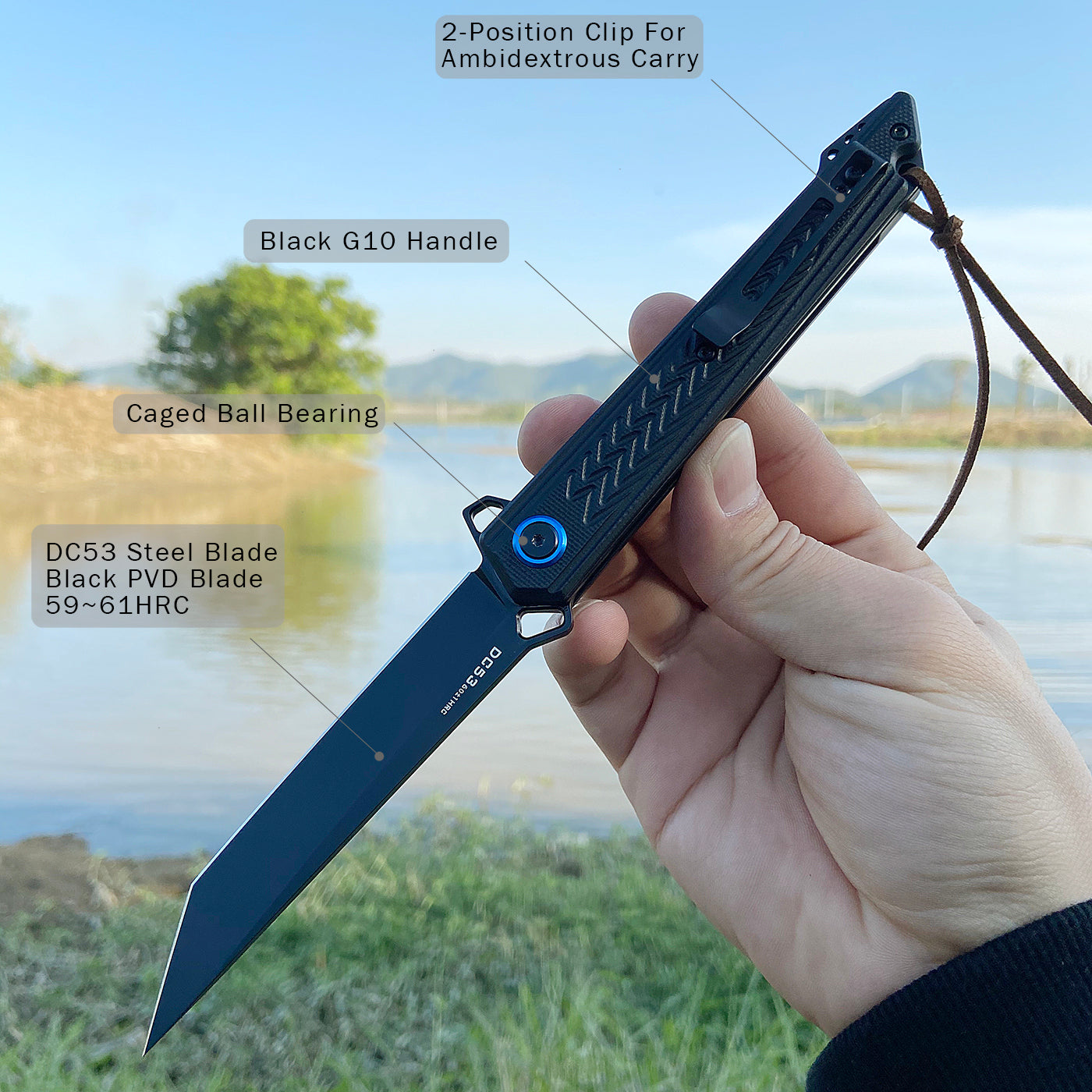 FORESAIL  Flipper Pocket Knife With G10 Handle (3.86 in DC53 Steel Black PVD Blade)