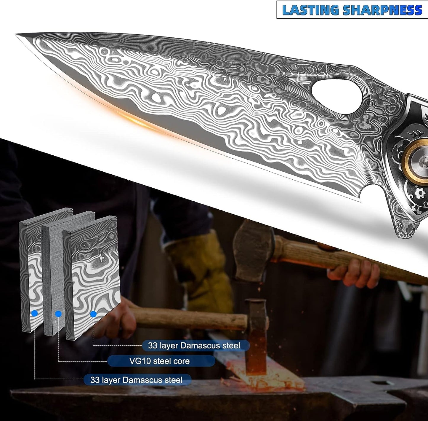 handmade Japan Damascus steel pocket knife，3.1" VG10 blade men and women Folding knife，With holster，Lining lock，resin and Maple handle，Suitable for EDC outdoor camping，go fishing hunting