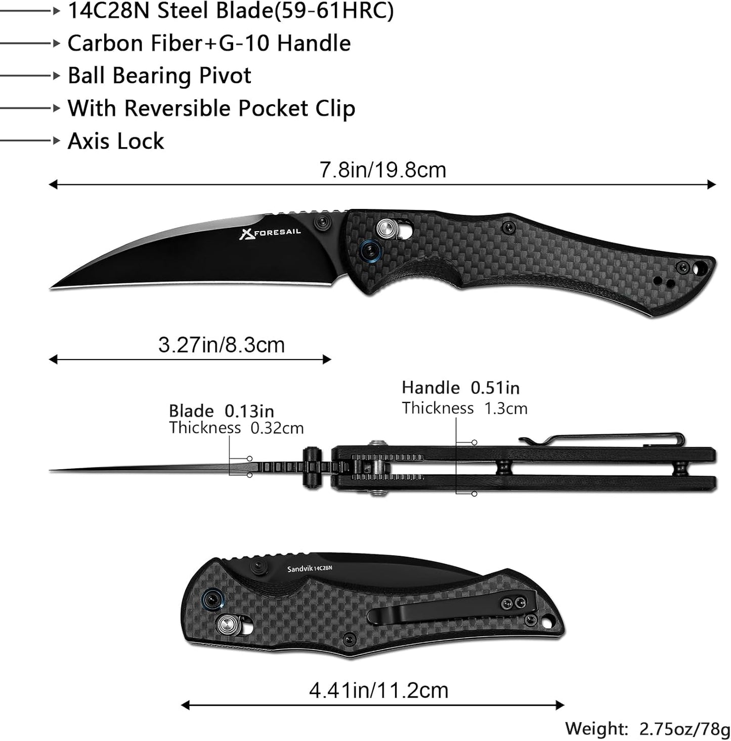Folding Pocket Knife for EDC, Axis Lock folding Knife with 3.27in 14C28N Blade Carbon Fiber and G10 Handle.with Pocket Clip for Men Women, Sharp Camping Survival Hiking Knives