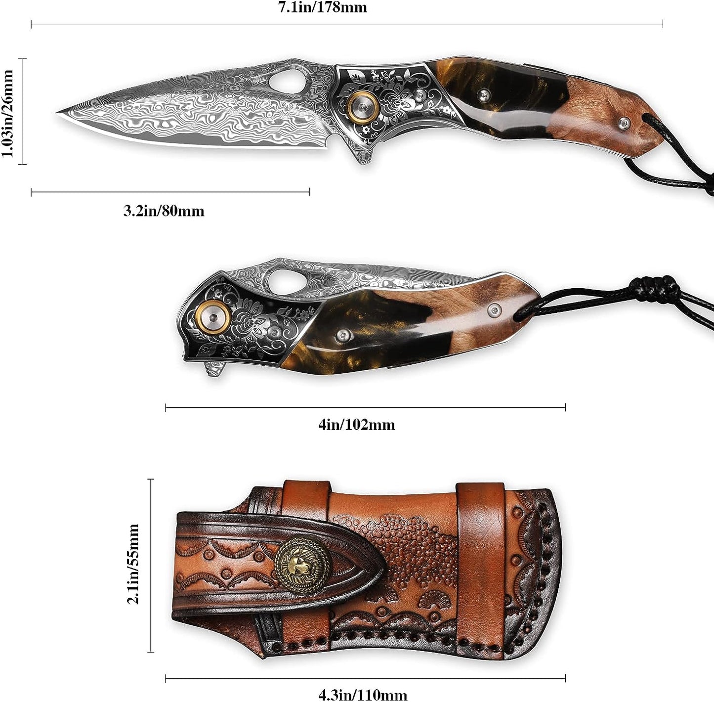 handmade Japan Damascus steel pocket knife，3.1" VG10 blade men and women Folding knife，With holster，Lining lock，resin and Maple handle，Suitable for EDC outdoor camping，go fishing hunting