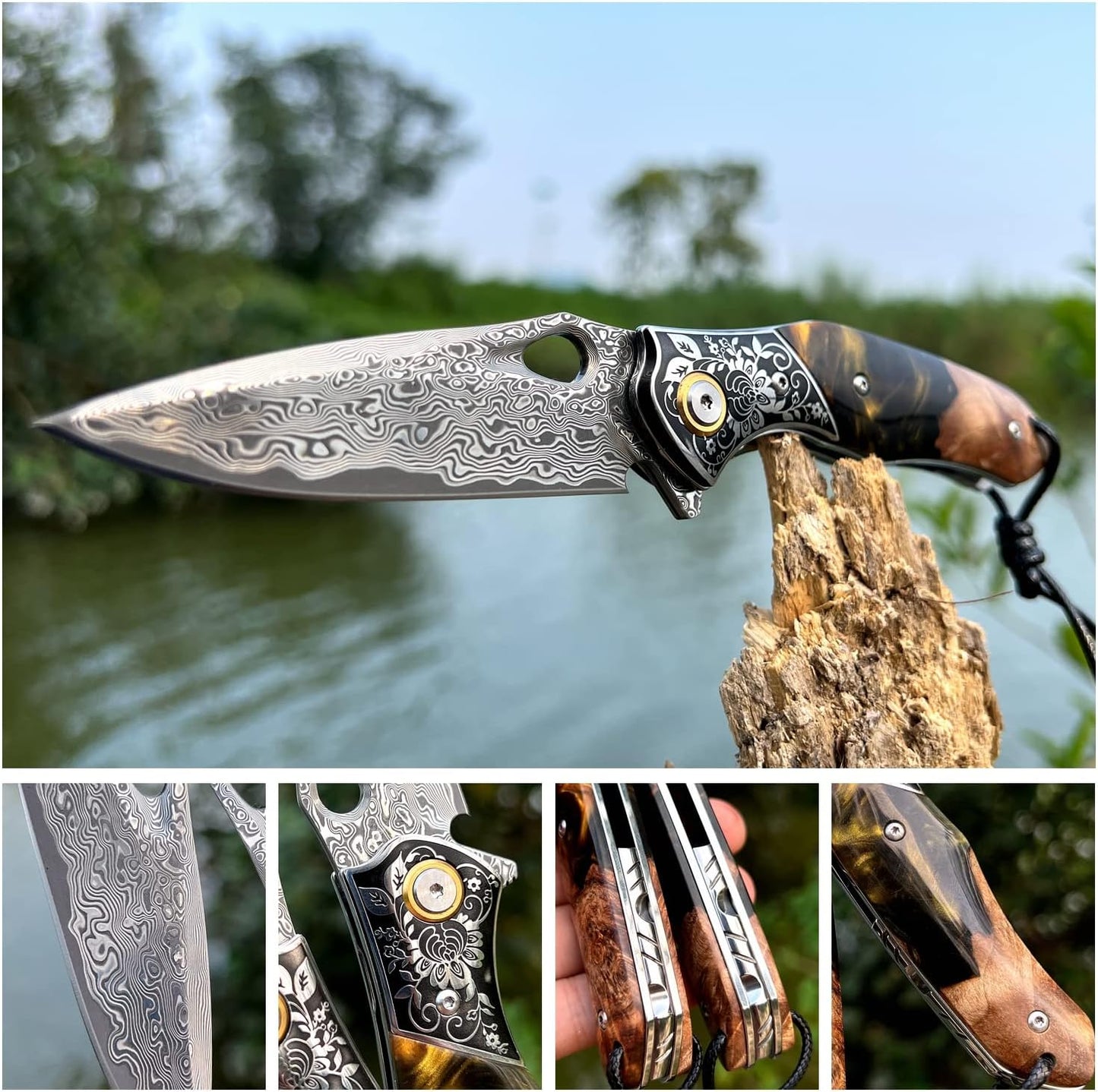 handmade Japan Damascus steel pocket knife，3.1" VG10 blade men and women Folding knife，With holster，Lining lock，resin and Maple handle，Suitable for EDC outdoor camping，go fishing hunting