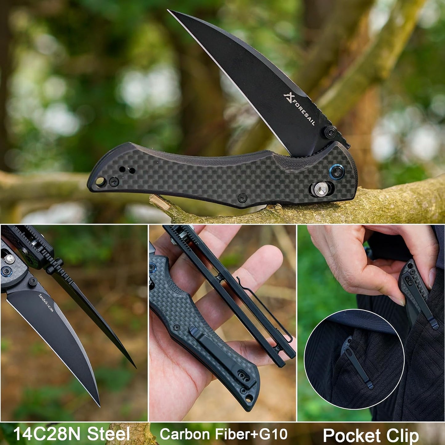 Folding Pocket Knife for EDC, Axis Lock folding Knife with 3.27in 14C28N Blade Carbon Fiber and G10 Handle.with Pocket Clip for Men Women, Sharp Camping Survival Hiking Knives