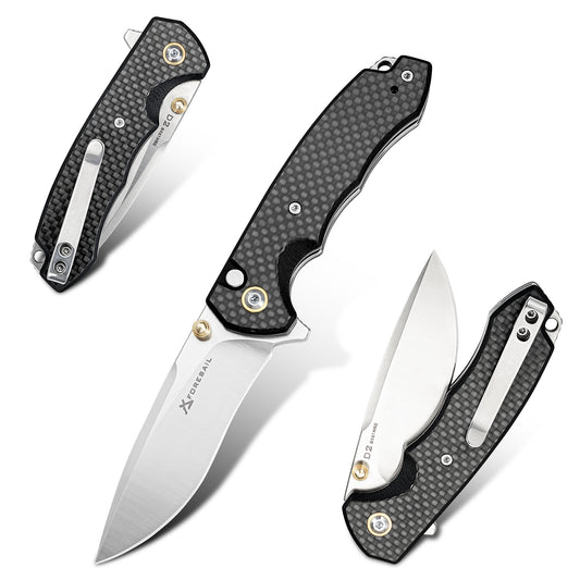 FORESAIL Flipper Folding Pocket knife,3in D2 Steel Blade and Carbon Fiber Handle,with pocket Clip.Button Lock Everyday Carry Knife for Men.Tactical knives,EDC knife camping use