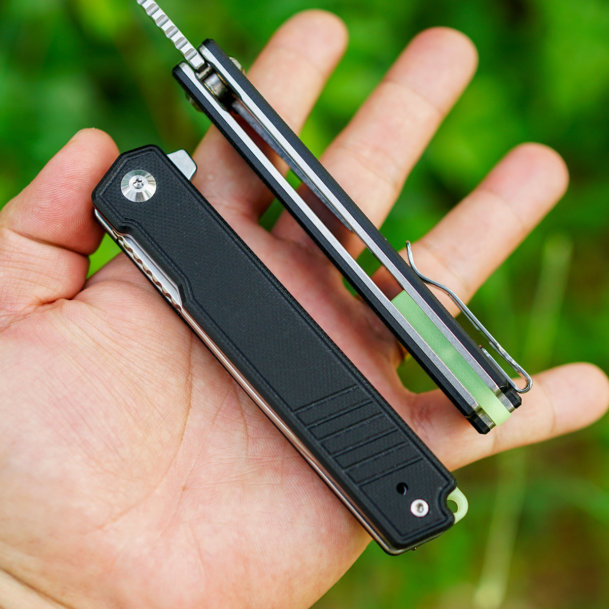FORESAIL  EDC Folding Pocket Knife,3.54IN DC53 Steel Blade,4.5IN G10 Handle with Glow-in-the-Dark Backspacer, Ball Bearing Pivot EDC Utility Knife with Reversible Clip for Daily Camping Outdoor Use