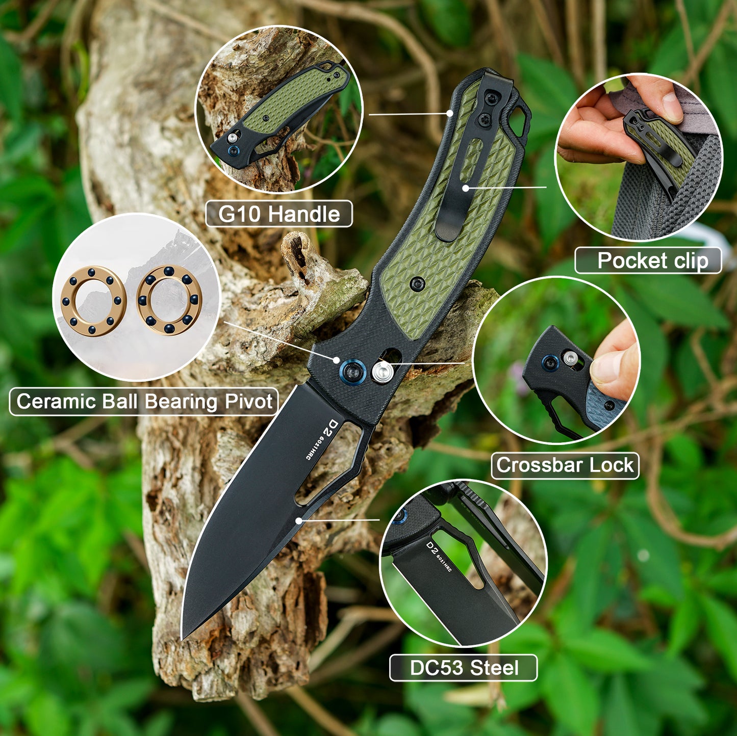 Pocket Folding Knife, 2.83in D2 Steel Blade and G10 Handle, Axis Lock,EDC Knife for Camping Hiking Daily Use.