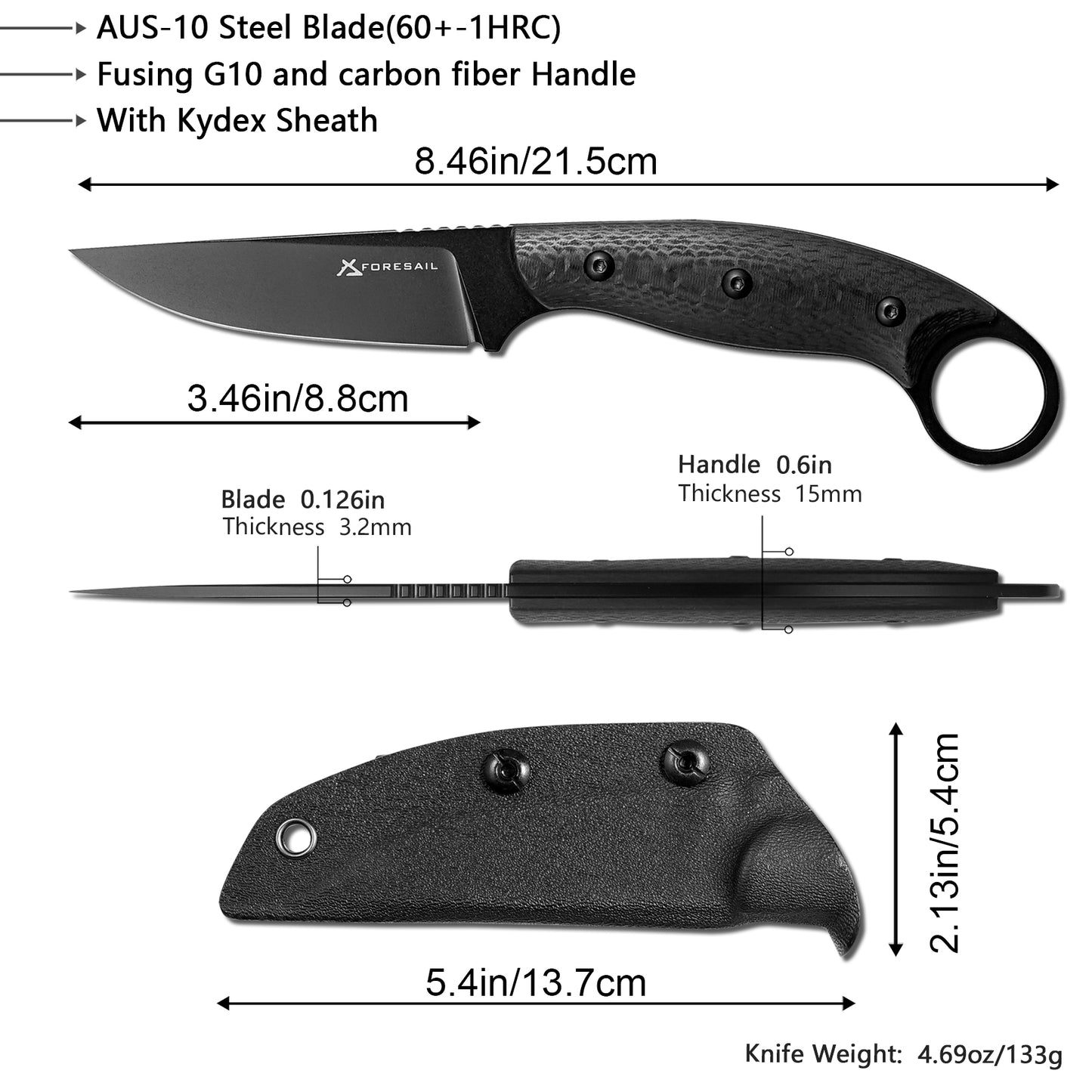 FORESAIL Fixed Blade Knife,With 3.46in AUS-10 Steel Blade.new material handle made by fusing G10 and carbon fiber,with Kydex Sheath,Fixed Blade EDC Knife,Outdoor Hiking Camping Knives