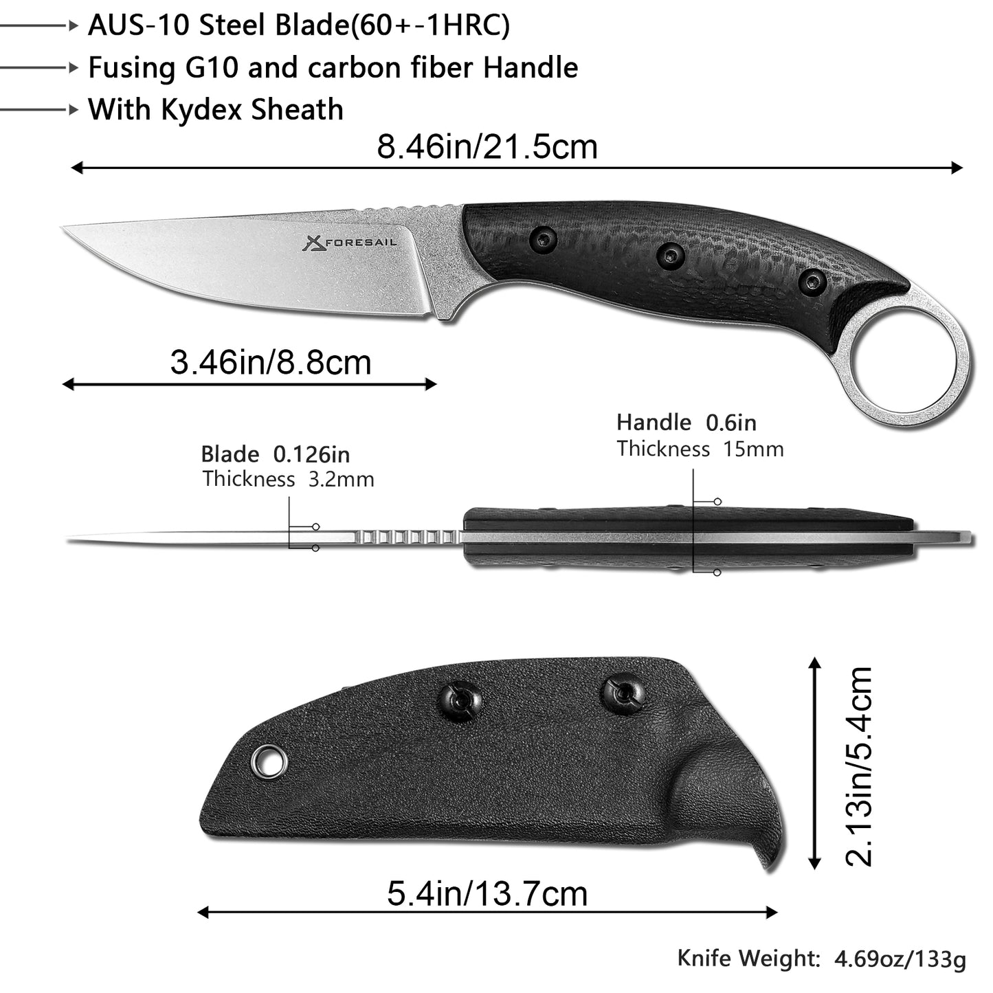 FORESAIL Fixed Blade Knife,With 3.46in AUS-10 Steel Blade.new material handle made by fusing G10 and carbon fiber,with Kydex Sheath,Fixed Blade EDC Knife,Outdoor Hiking Camping Knives