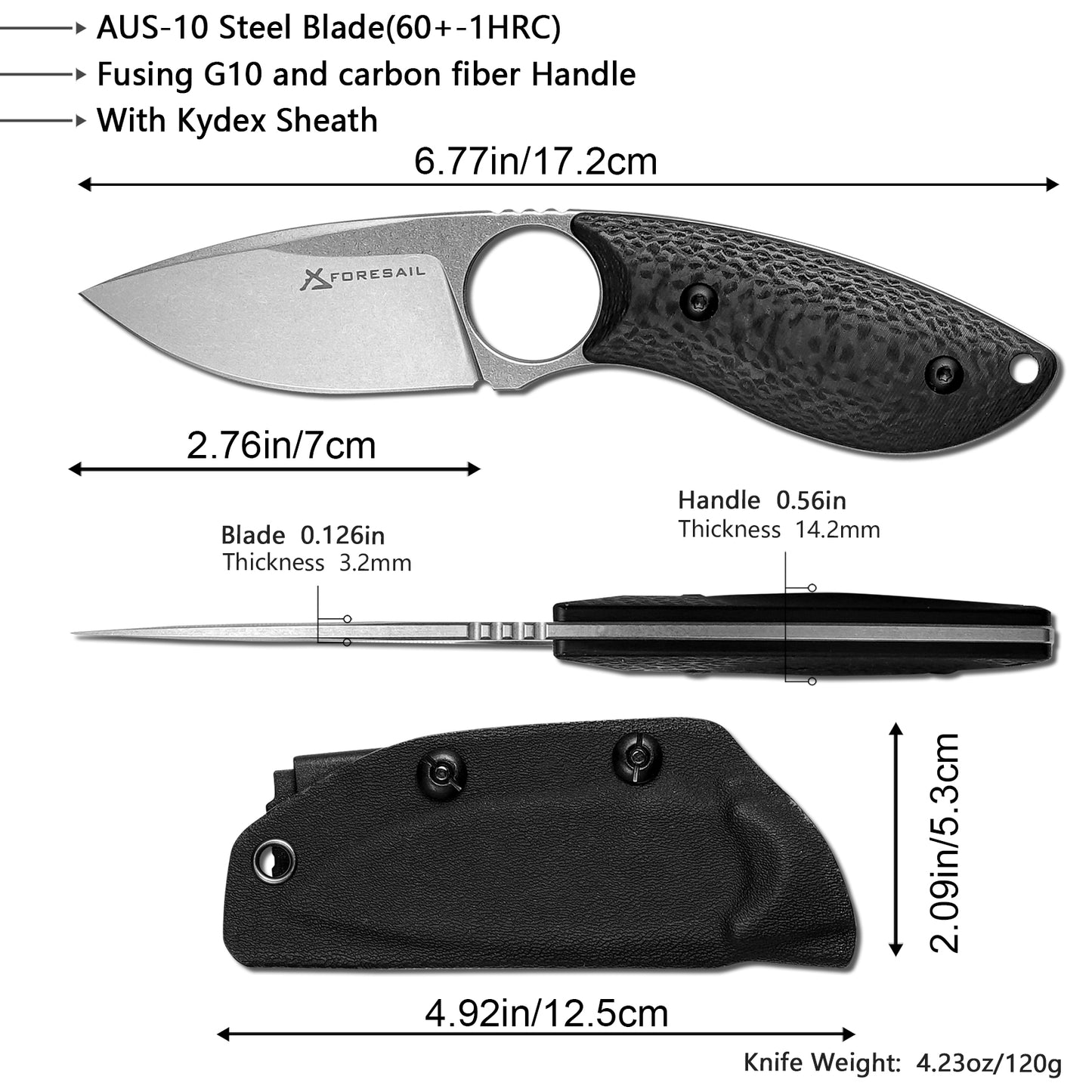 FORESAIL 6.77in Small Fixed Blade Knife,With 2.76in AUS-10 Steel Blade. new material handle made by fusing G10 and carbon fiber,with Kydex Sheath,Fixed Blade EDC Knife for Men Women, Outdoor Hunting Hiking Survival Camping Knives.