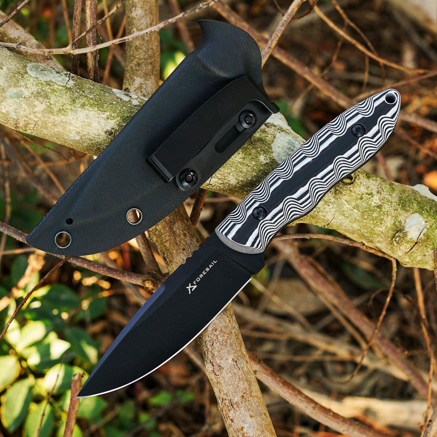 FORESAIL 8.27in Tactical Knife, DC53 Steel Fixed Blade with Tactical Kydex Sheath,Black and white knife handle，Ideal for Outdoor Survival, EDC Camping, Mountaineering, Travel, and Fishing Utility Knife