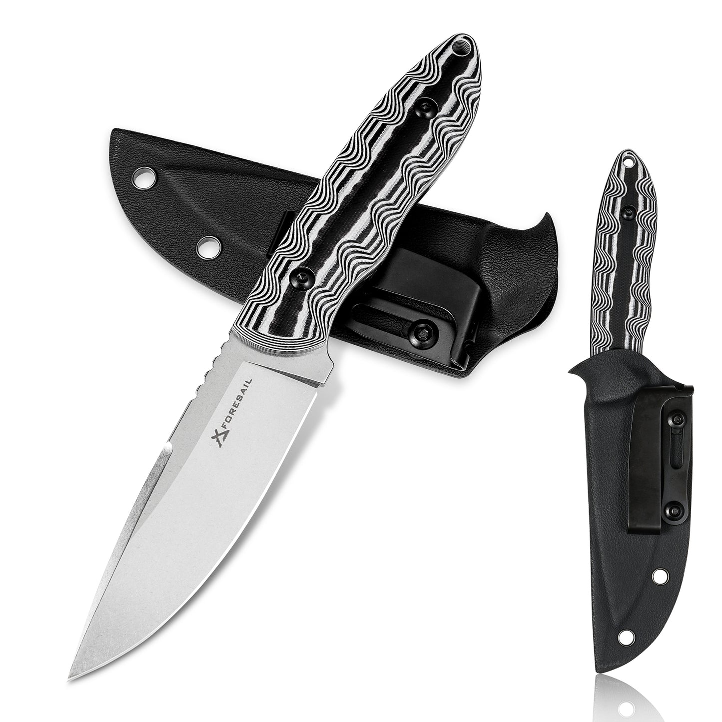 FORESAIL 8.27in Tactical Knife, DC53 Steel Fixed Blade with Tactical Kydex Sheath,Black and white knife handle，Ideal for Outdoor Survival, EDC Camping, Mountaineering, Travel, and Fishing Utility Knife
