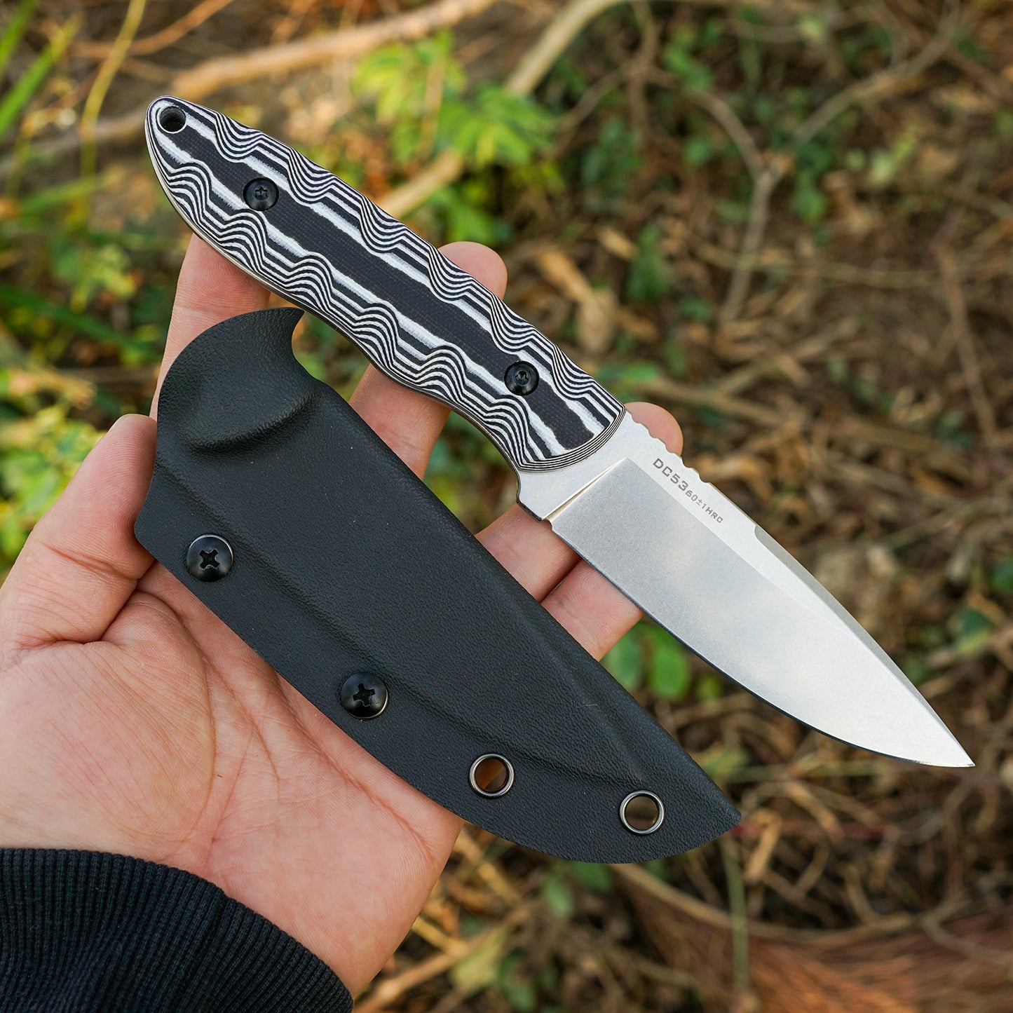 FORESAIL 8.27in Tactical Knife, DC53 Steel Fixed Blade with Tactical Kydex Sheath,Black and white knife handle，Ideal for Outdoor Survival, EDC Camping, Mountaineering, Travel, and Fishing Utility Knife