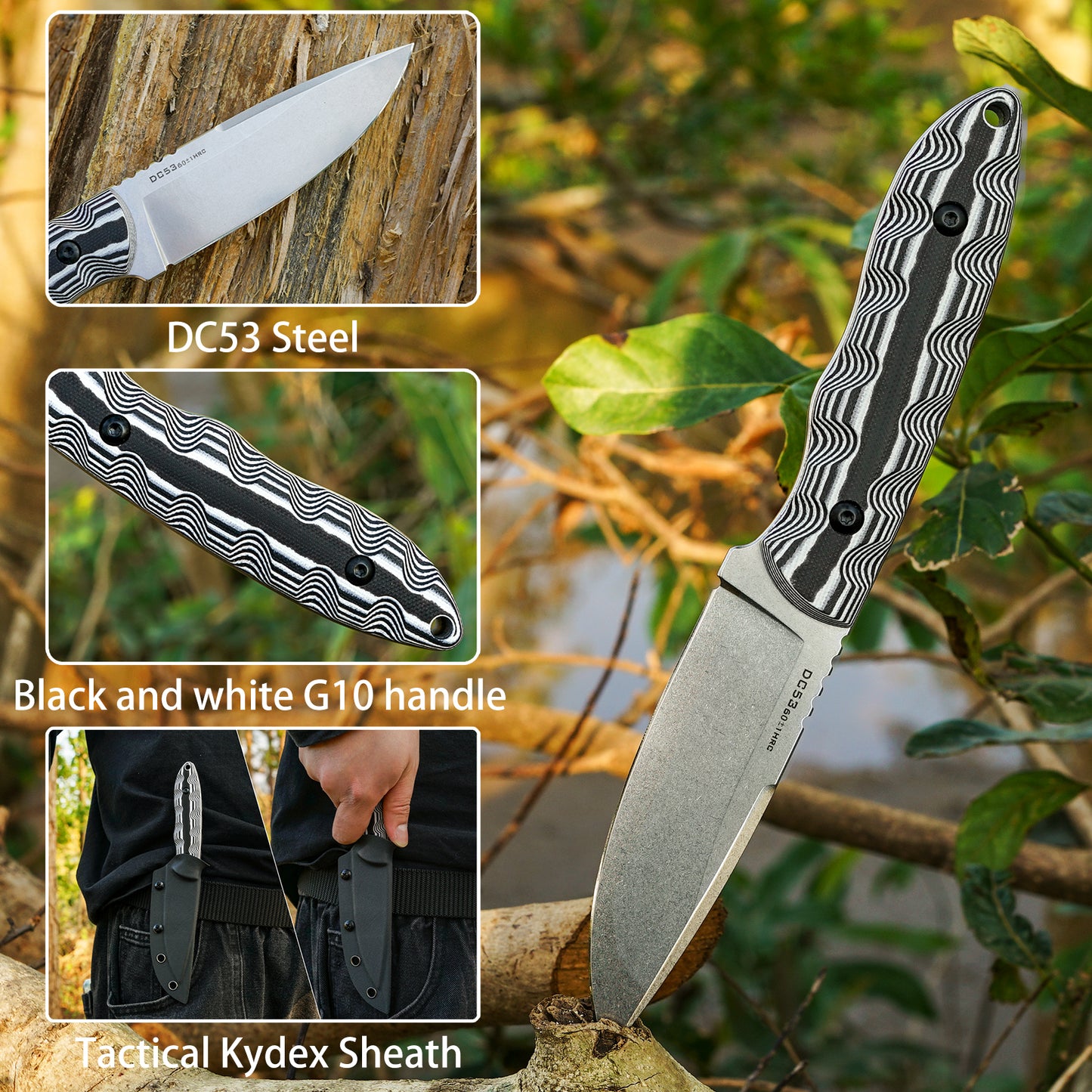FORESAIL 8.27in Tactical Knife, DC53 Steel Fixed Blade with Tactical Kydex Sheath,Black and white knife handle，Ideal for Outdoor Survival, EDC Camping, Mountaineering, Travel, and Fishing Utility Knife