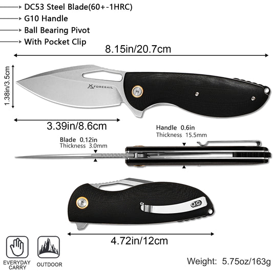 FORESAIL   Flipper Folding Pocket Knife for EDC,3.39in DC53 Steel,G10 Handle. (Silver) Flipper Knife, Smooth Action, Comfortable Grip, Liner Lock, Deep Carry Clip,Sharp Knife for Hiking Camping,Outdoor EDC