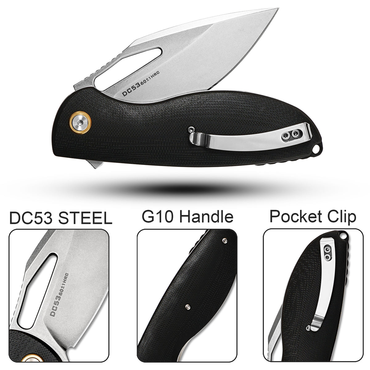 FORESAIL   Flipper Folding Pocket Knife for EDC,3.39in DC53 Steel,G10 Handle. (Silver) Flipper Knife, Smooth Action, Comfortable Grip, Liner Lock, Deep Carry Clip,Sharp Knife for Hiking Camping,Outdoor EDC