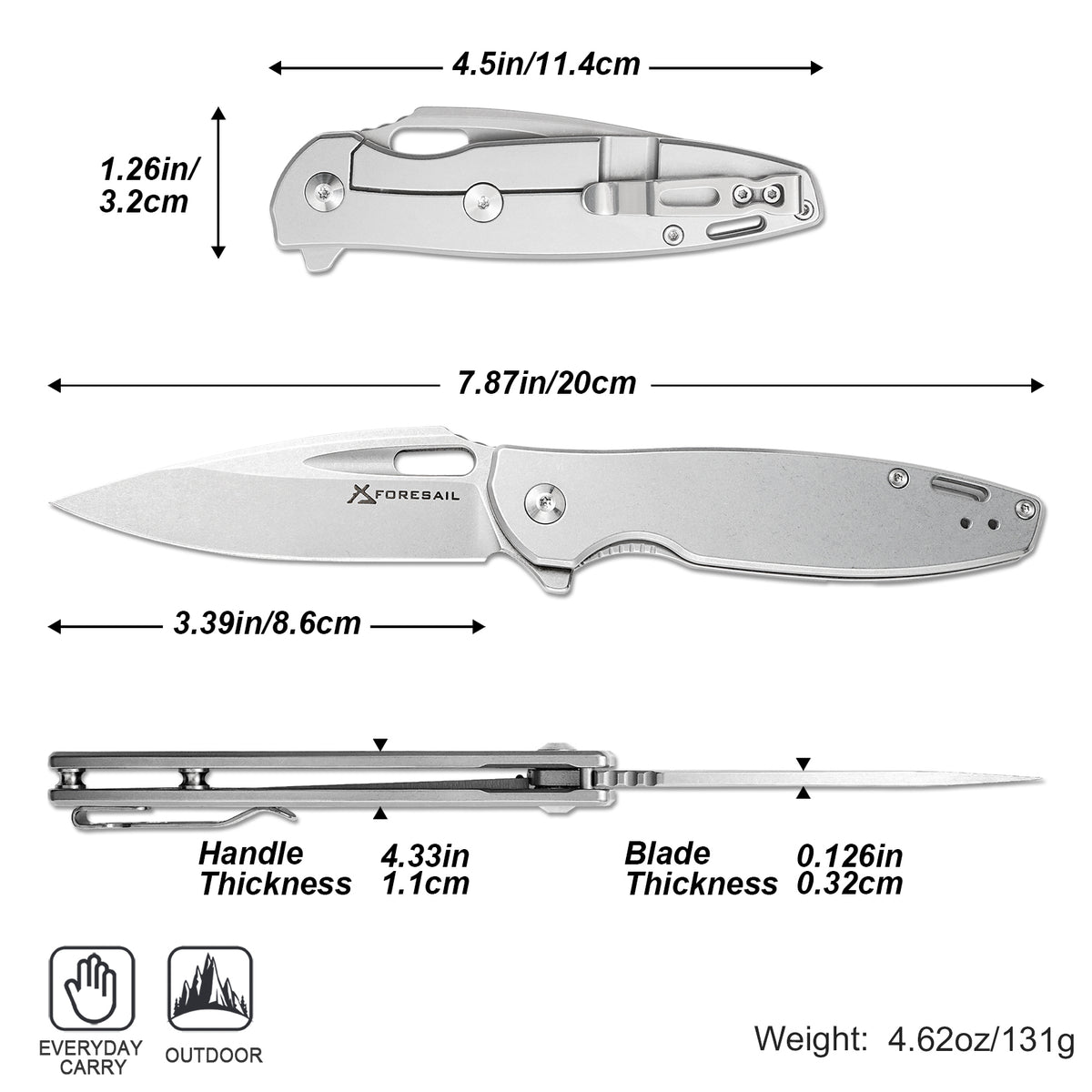 FORESAIL Folding Pocket Knife for men,3.39in DC53 Steel,Frame Lock Ball Bearing,All Metal Handle Stainless Steel,Frame Lock,pocket Clip,EDC Carry Small Knives,Flipper,Outdoor Camping Fishing.
