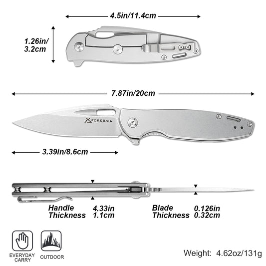FORESAIL Folding Pocket Knife for men,3.39in DC53 Steel,Frame Lock Ball Bearing,All Metal Handle Stainless Steel,Frame Lock,pocket Clip,EDC Carry Small Knives,Flipper,Outdoor Camping Fishing.
