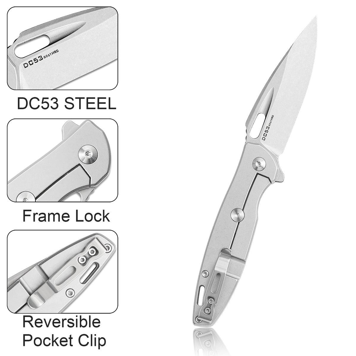 FORESAIL Folding Pocket Knife for men,3.39in DC53 Steel,Frame Lock Ball Bearing,All Metal Handle Stainless Steel,Frame Lock,pocket Clip,EDC Carry Small Knives,Flipper,Outdoor Camping Fishing.