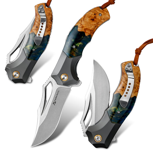 FORESAIL  Handcrafted Folding Pocket Knife for EDC, 3.54"DC53 Steel Blade,Wood Handle DC53 Steel Blade,Resin maple wood handle,with pocket clip.Sharp Knife for Hiking Camping, Fishing,Outdoor,Men & Women