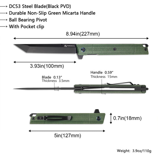 FORESAIL Folding pocket knives PVD DC53 Steel Blade Green Micarta Handle Outdoor Camping EDC knife