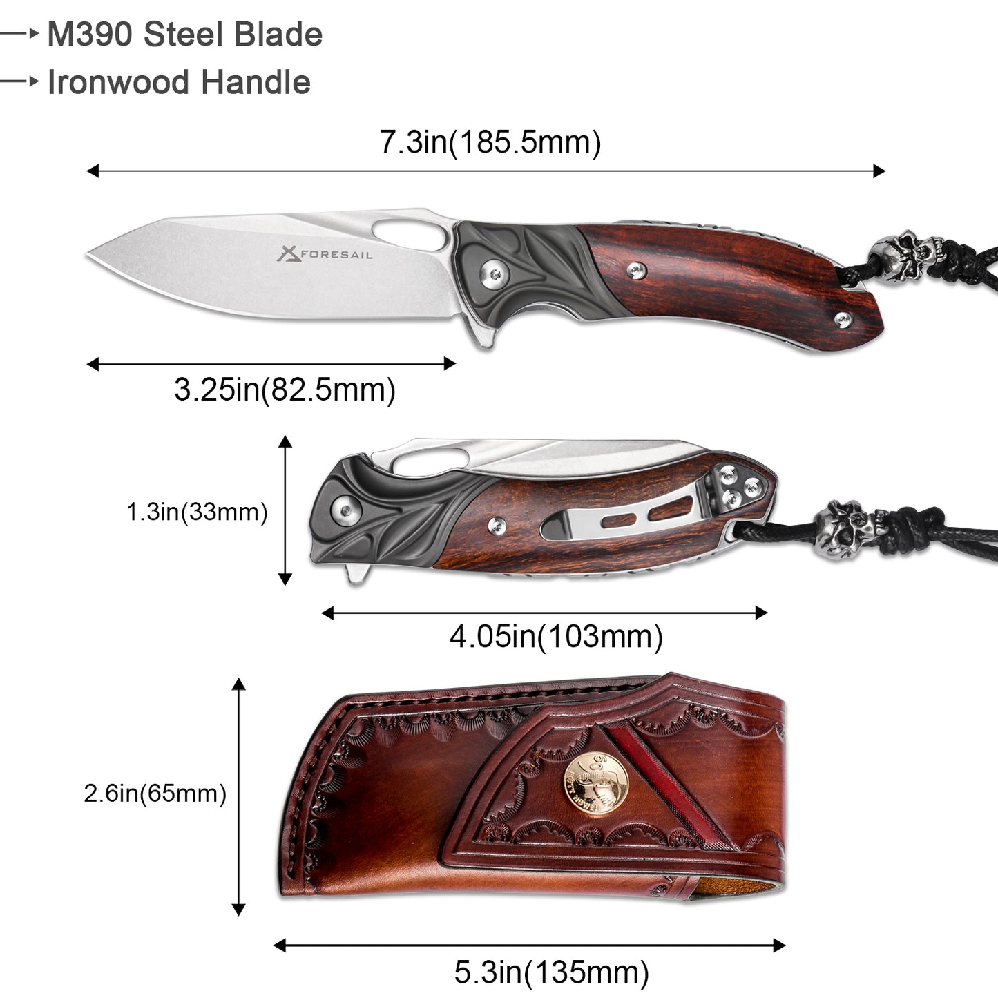 FORESAIL M390 Steel Flipper Pocket Knife（With Wood Handle and Real Leather Sheath)