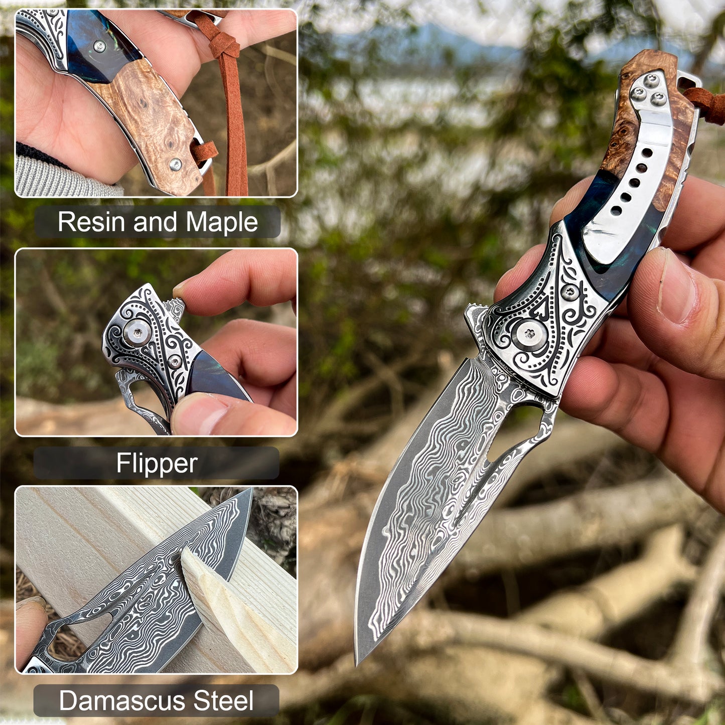 handmade Japan Damascus steel pocket knife，3.1" VG10 blade men and women Folding knife，With holster，Lining lock，resin and Maple handle，Suitable for EDC outdoor camping