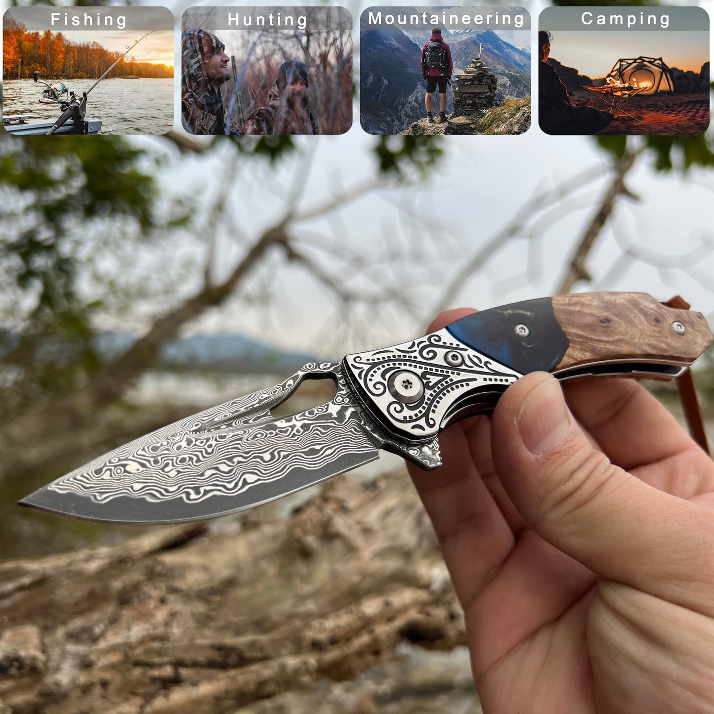 handmade Japan Damascus steel pocket knife，3.1" VG10 blade men and women Folding knife，With holster，Lining lock，resin and Maple handle，Suitable for EDC outdoor camping