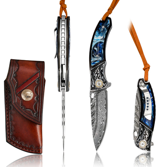 VNLA Damascus Folding Pocket Knife,Forged Damascus Steel Blade,New material handle made of resin and maple leaf.with leather case,Pocket Clip,Suitable for Hiking carry EDC