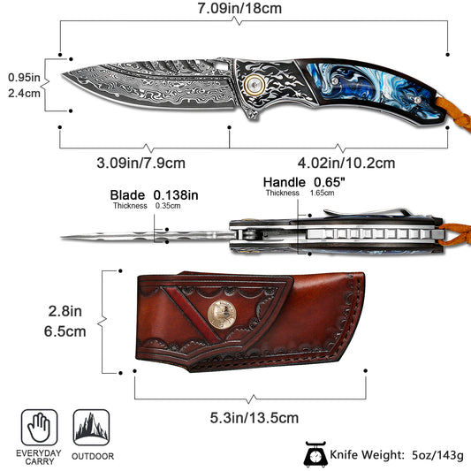 VNLA Damascus Folding Pocket Knife,Forged Damascus Steel Blade,New material handle made of resin and maple leaf.with leather case,Pocket Clip,Suitable for Hiking carry EDC