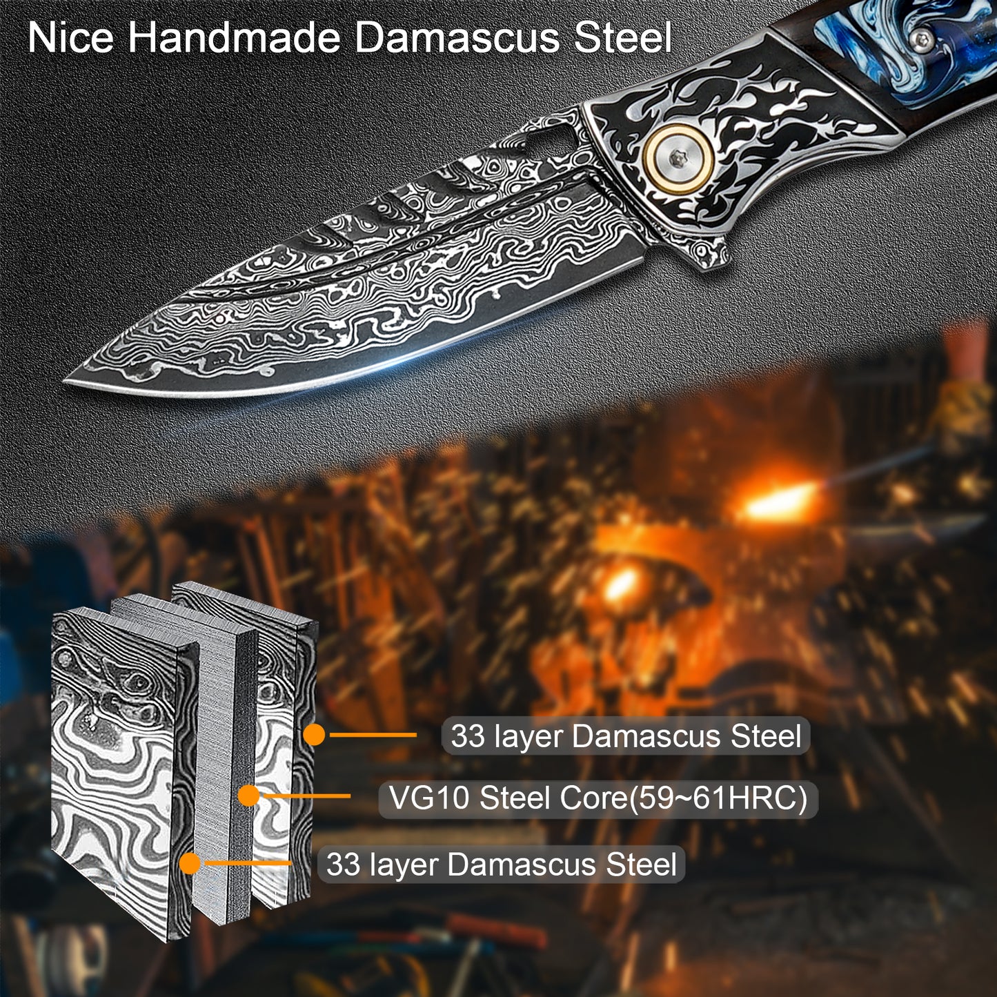 VNLA Damascus Folding Pocket Knife,Forged Damascus Steel Blade,New material handle made of resin and maple leaf.with leather case,Pocket Clip,Suitable for Hiking carry EDC