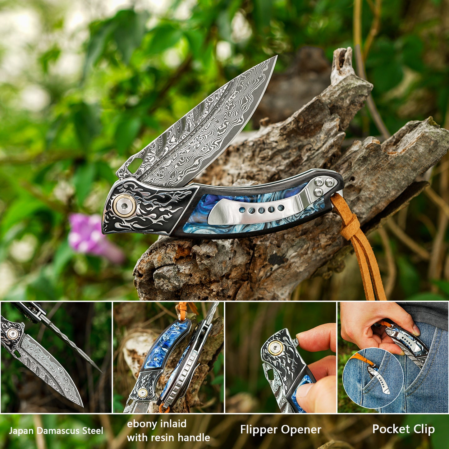 VNLA Damascus Folding Pocket Knife,Forged Damascus Steel Blade,New material handle made of resin and maple leaf.with leather case,Pocket Clip,Suitable for Hiking carry EDC