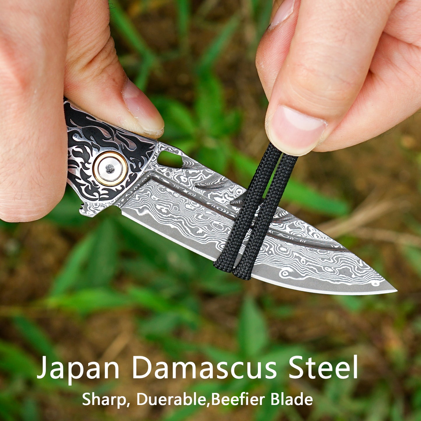 VNLA Damascus Folding Pocket Knife,Forged Damascus Steel Blade,New material handle made of resin and maple leaf.with leather case,Pocket Clip,Suitable for Hiking carry EDC