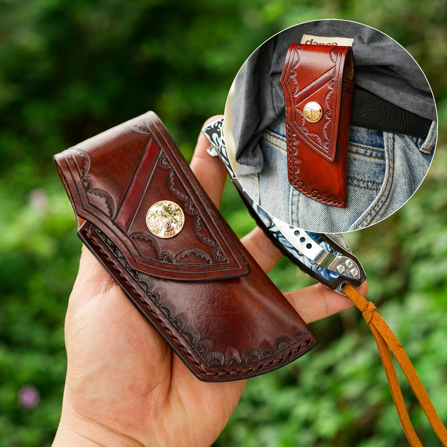 VNLA Damascus Folding Pocket Knife,Forged Damascus Steel Blade,New material handle made of resin and maple leaf.with leather case,Pocket Clip,Suitable for Hiking carry EDC