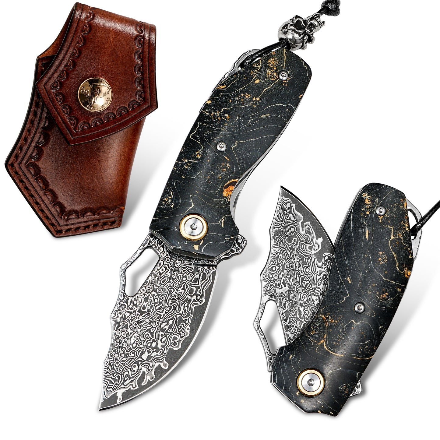 VNLA Handmade Damascus Steel Pocket folding Knife.2.45in High Sharp Blades folding knife,Stabilized cured wood handles.With Cowhide Sheath.Men's EDC Knife for Outdoor Adventure.Travel Hiking Camping Knife.